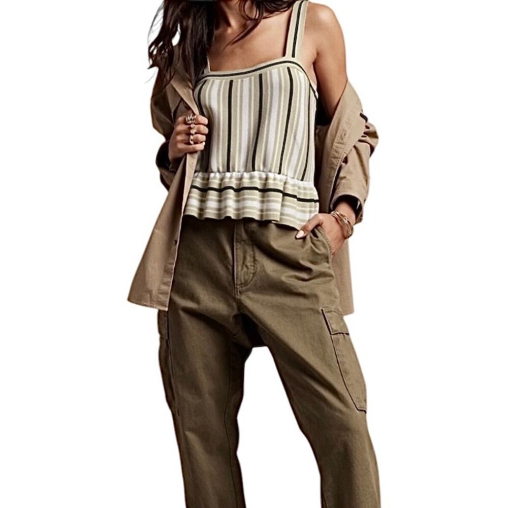 Banana Republic tan & black striped tank top neutral casual peplum preppy